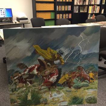 Original artwork on canvas from 1980 depicting a cowboy on a bucking bronco (painted horse) in the middle of a thunderstorm with other cowboys and spooked horses in the background. 