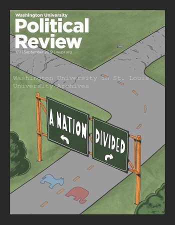 Cover art for a 2012 issue of Political Review showing exit signs for a two-lane road. The lanes are designated with a blue donkey on the left with an exit sign above reading "A Nation" and a red elephant on the right with an exit sign above reading "Divided." 