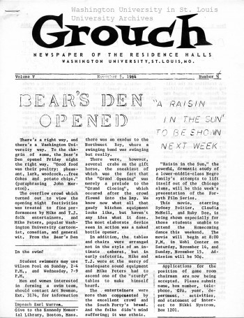 The Grouch 1964 cover with stylized font for article titles such as "BEAR'S DEN OPENED" and "'A Raisin in the Sun' to be Shown Next Week."