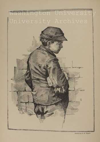 Palette Scrapings, Vol. II, June 1883, No. 4 pg 1. Image is a pencil sketch of a young boy in a hat and jacket with his hands in his pockets and something held between his body and right arm. 