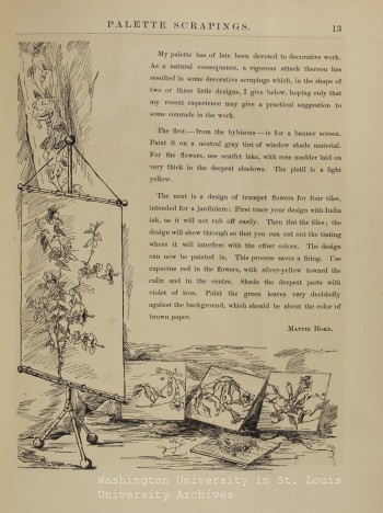 Palette Scrapings, Vol I, Jan 1882, No. 1 pg 13. Page displays text with a sketching of a sketching on an easel showing flowers. 
