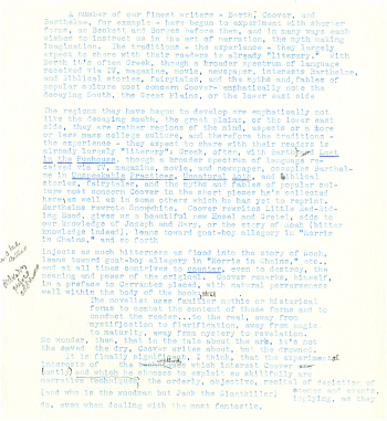 Typed review of Robert Coover's "Pricksongs and Descants." The page is white with light blue typeface and notations scribbled in pen. 