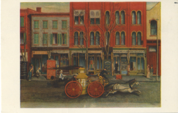 Front of a postcard from Coover to Herb Yellin. The postcard depicts a horse-drawn carriage on a city street.
