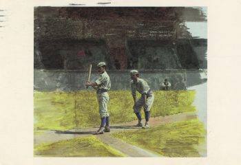 Front of a postcard from Coover to William Gaddis. The postcard is a drawing of two baseball players, the catcher and a man at bat. 