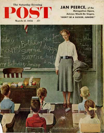 Cover art from The Saturday Evening Post's March 17, 1936, issue. Art depicts a teacher standing with a blackboard behind her where the class of young students also shown in the image have written happy birthday sentiments for the teacher. 