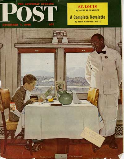 Cover art from The Saturday Evening Post's December 1, 1946 (?), issue. Image depicts a young man seated at a table in a cafe reading through a menu while an African-American waiter stands by. 