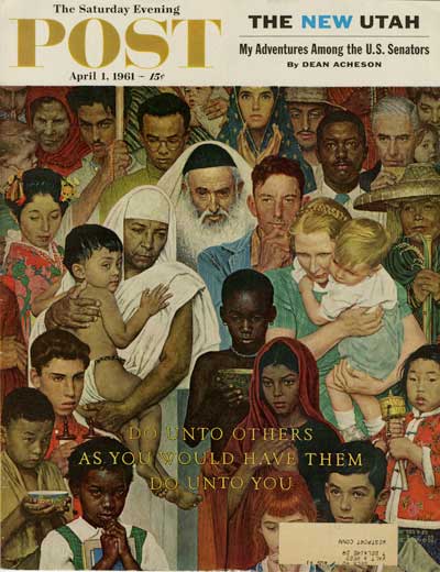 Cover art from the April 1, 1961, issue of The Saturday Evening Post depicting rare Norman Rockewell illustrations of ethnic and racial minorities in non-servile positions.