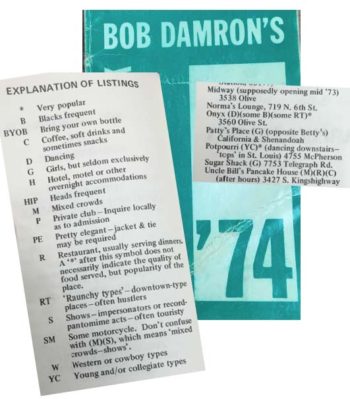 Cover and two pages of Bob Damron's guidebook. 