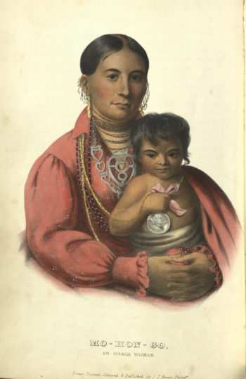 Color painting of Mo-Hon-Go holding a young, swaddled baby. 
