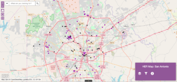 Shows a screenshot of the application interface, which displays map of San Antonio with various purple location markers designating health and educational resources for women veterans. 