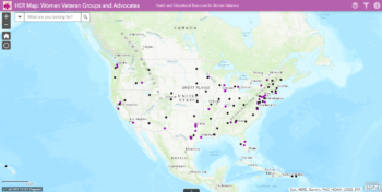 Shows a screenshot of the application interface, which displays map of the United States of America with purple location markers designating organizations and individuals dedicated to serving women veterans nationwide. 