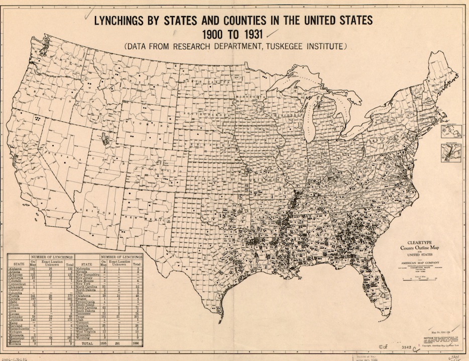 The image displays the map of the United States and is titled "Lynchings by States and Counties in the United States 1900 to 1931 (Data from Research Department, Tuskegee Institute)." While there appear to be dots representing lynchings in near every state, the majority of dots are congregated in and around east Texas, Arkansas, Louisiana, Mississippi, Tennessee, Alabama, Georgia, North Carolina, South Carolina, and Florida, with other outliers near Seattle, Washington. 