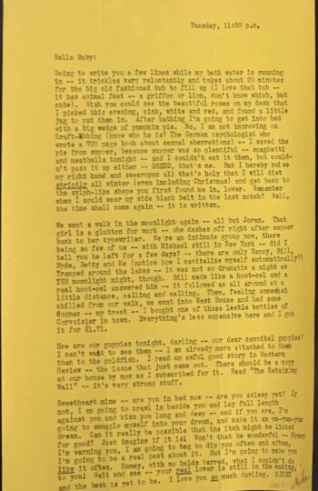 Typed letter on yellow paper from May Swenson to the poet Elisabeth Bishop. The full text of the letter can be found within the May Swenson Papers, which is linked within the text. 