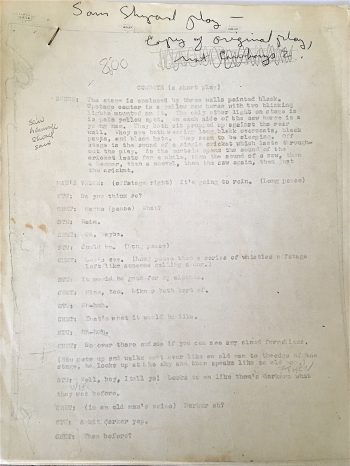 A typed page of script with notes scattered throughout in cursive handwriting. 