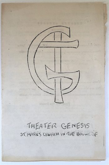 A sketched stylization of the Theater Genesis logo (a capital T inside a capital G) with "Theater Genesis St. Marks Church in the Bowery" written below. 