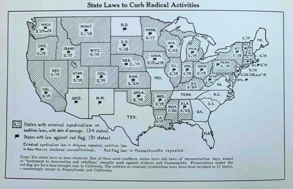 Map of the USA titled "State Laws to Curb Radical Activities." States shaded in (34 states) indicate they have criminal syndicalism or sedition laws; states shown with flag logos (31 states) have laws against the Red Flag Law. There is a note on the map itself that reads: "Ten states have no laws whatsoever. But of those most southern states have old laws of reconstruction days aimed at 'incitement to insurrection and rebellion,' recently used against strikers and communists. Prosecutions under the red flag law have been brought only in California. The sedition or criminal syndicalism laws have been invoked in 17 dates, - scatteringly except in Pennsylvania and California."