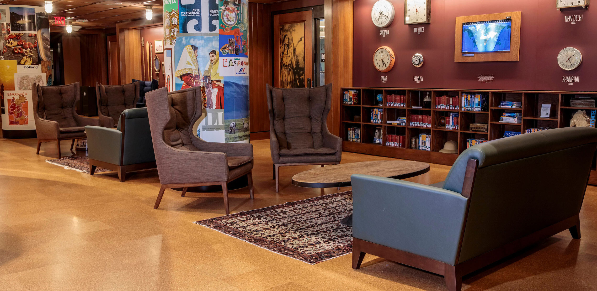 The wingback chairs and sofas in the study space at the Newman Exploration Center in Olin.