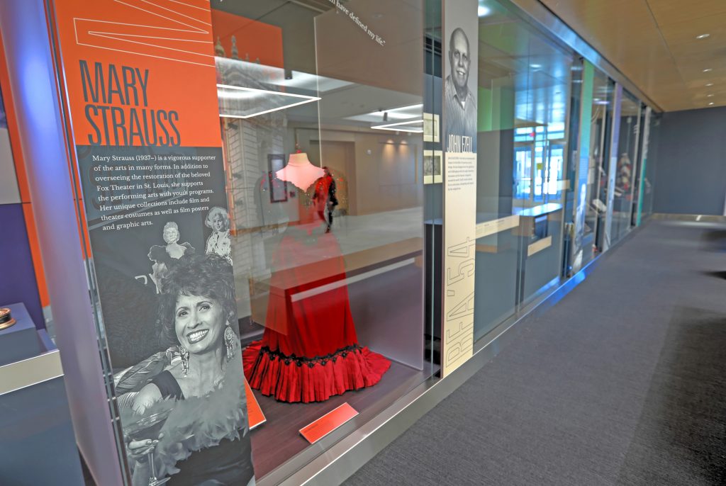 The Mary Strauss display in the Lasting Legacies exhibition. The display showcases costumes Strauss wore during stage productions.