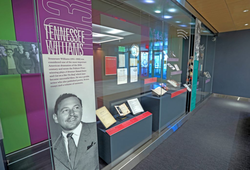 The Tennessee Williams display in the Lasting Legacies exhibition. The display showcases Williams' works held by Special Collections.