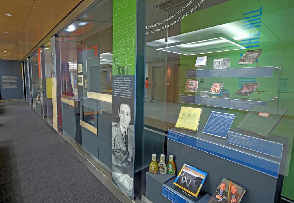 The A.E. Hotchner display in the Lasting Legacies exhibition. The display shows items and papers from the A.E. Hotchner Collection held by the University Libraries.