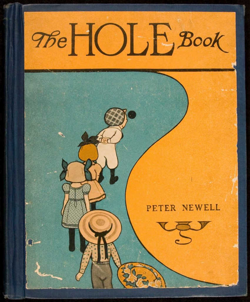 The Hole Book cover art has a group of children lined up to take a look at a hole. 