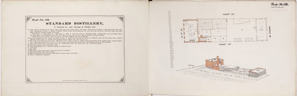 The two page spread on the Standard Distillery shows details of the Distillery on the left with architectural schematics of the building and land plat on the right page. The maps indicate that the Standard Distillery was located at N. Second Street between Spring and Wright Streets. 
