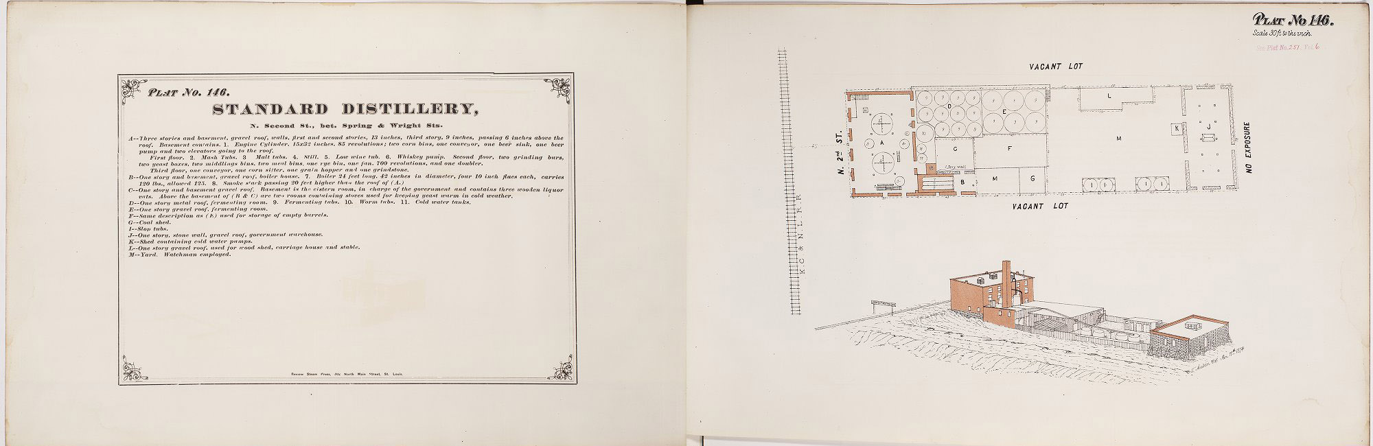 The two page spread on the Standard Distillery shows details of the Distillery on the left with architectural schematics of the building and land plat on the right page. The maps indicate that the Standard Distillery was located at N. Second Street between Spring and Wright Streets.