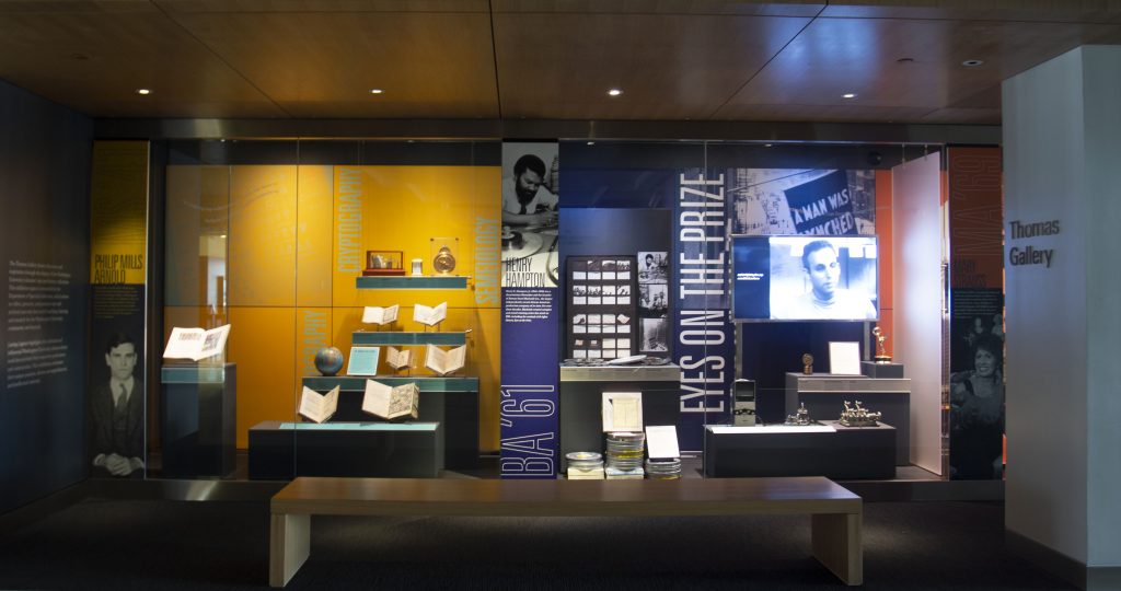 A photo of the Eyes on the Prize exhibition on display at the Thomas Gallery on Level 1 of Olin Library.