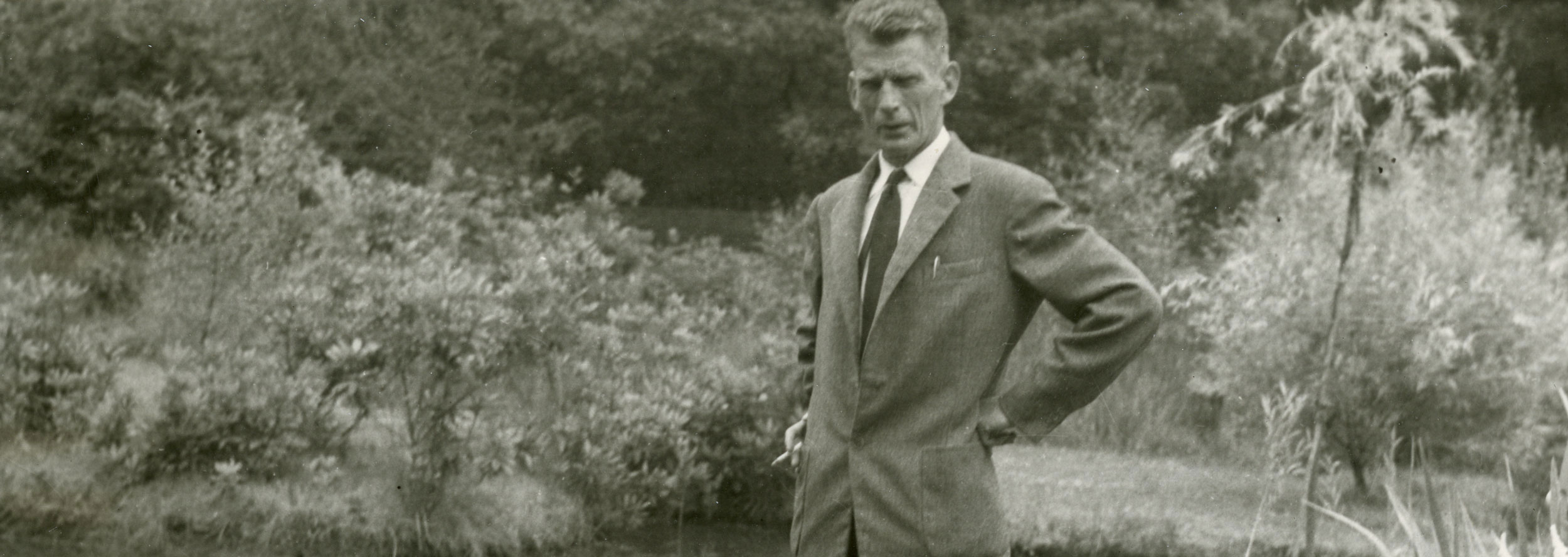 Samuel Beckett standing in a field wearing a suit.
