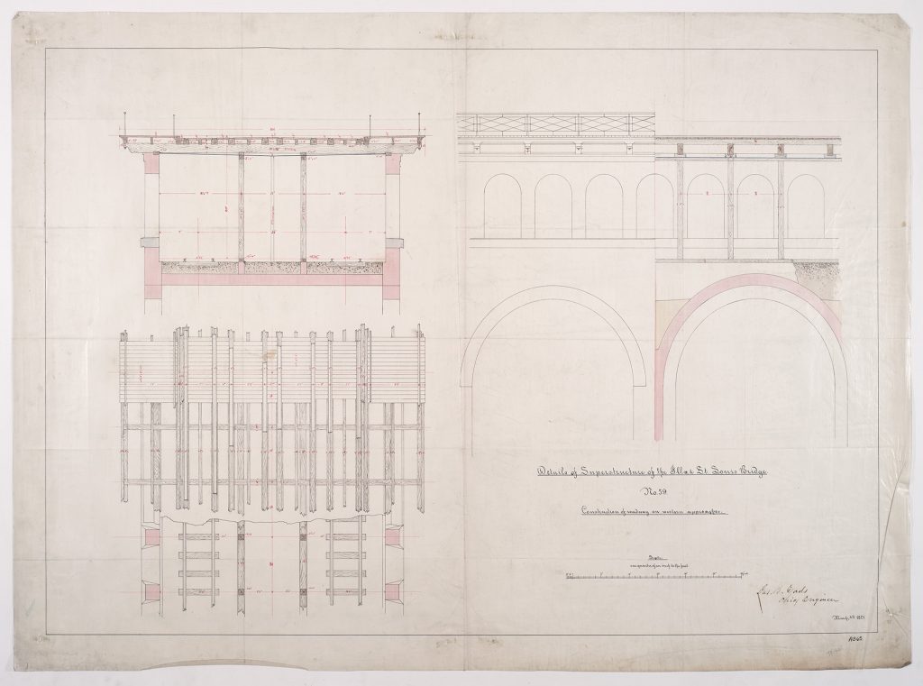Building and structure plans for the St. Louis Eads Bridge. These detail the arch-work that went into the bridge's architecture.