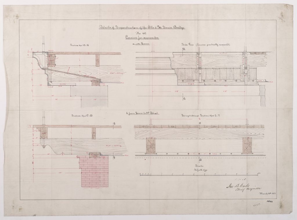 Building and structure plans for the St. Louis Eads Bridge detailing the cornices, or decorative moldings, for approaches.