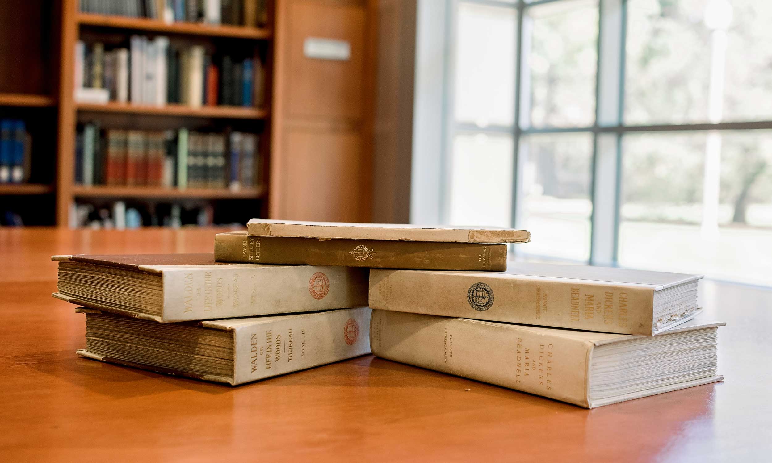 Books arranged on a table in the Special Collections Reading Room.