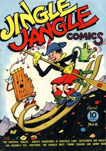 Cover art for Jingle Jamgle Comics. Image features a figure seated on a stool on skis with a canoe paddle going downhill. 