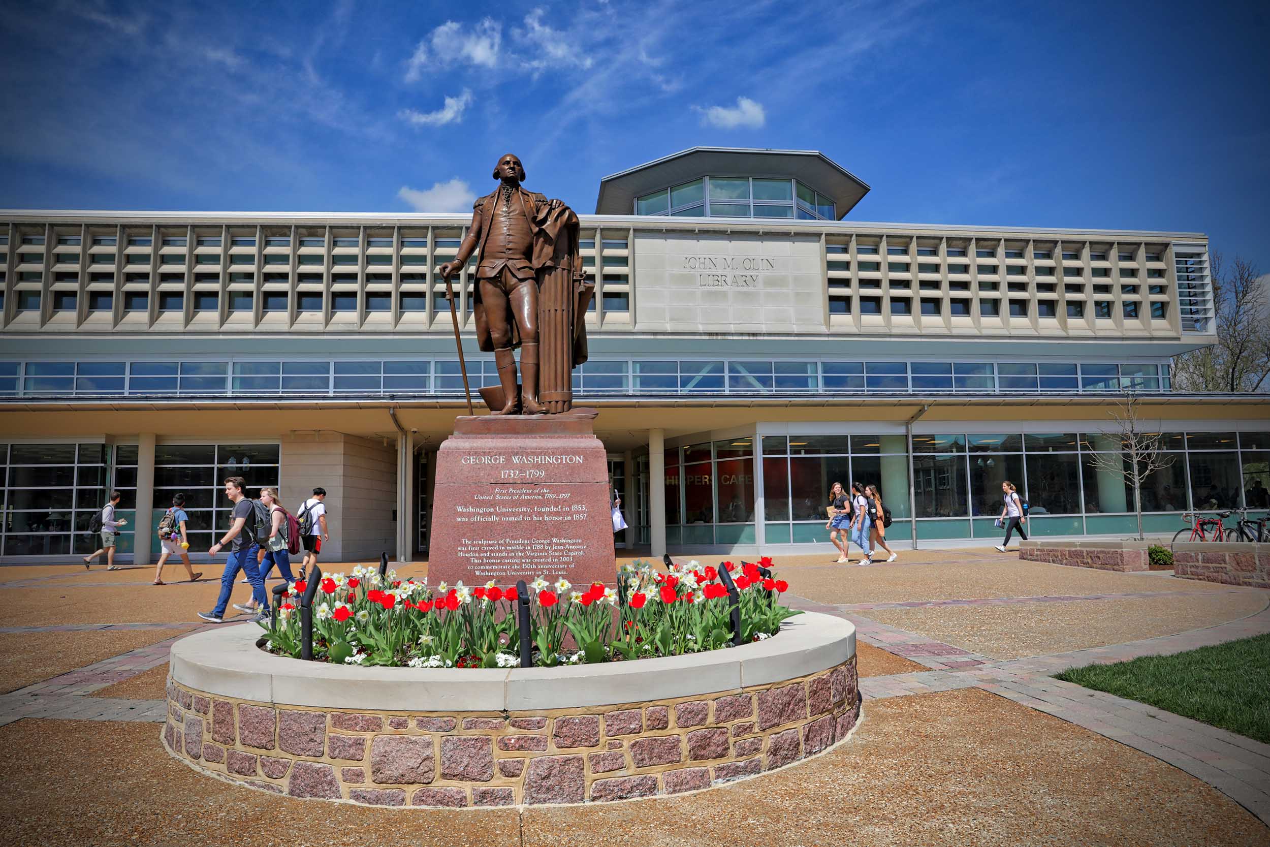 The George Washington statue located in front of Olin Library on the Danforth Campus