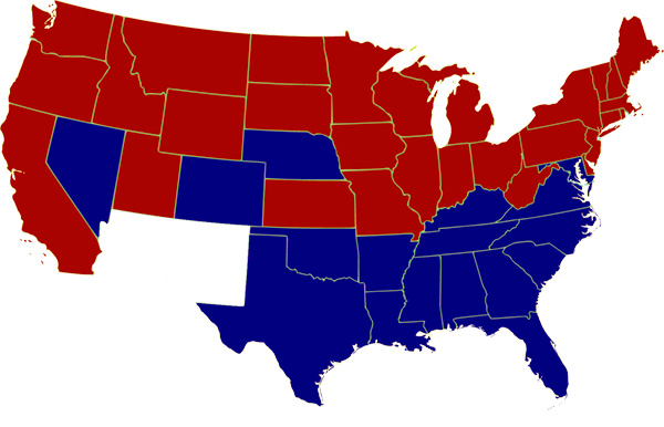 The map shows that twenty-nine out of forty-six states voted Republican in the 1908 election. States that voted Democrat in 1908 are: Nevada, Colorado, Nebraska, Texas, Oklahoma, Arkansas, Louisiana, Mississippi, Tennessee, Kentucky, Rhode Island, Virginia, North Carolina, South Carolina, Georgia, and Florida.