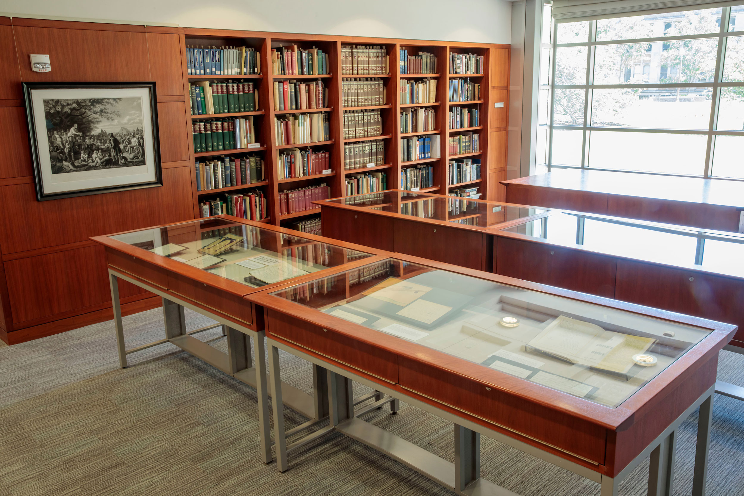 A photo of the display cases in the Special Collections Reading Room.