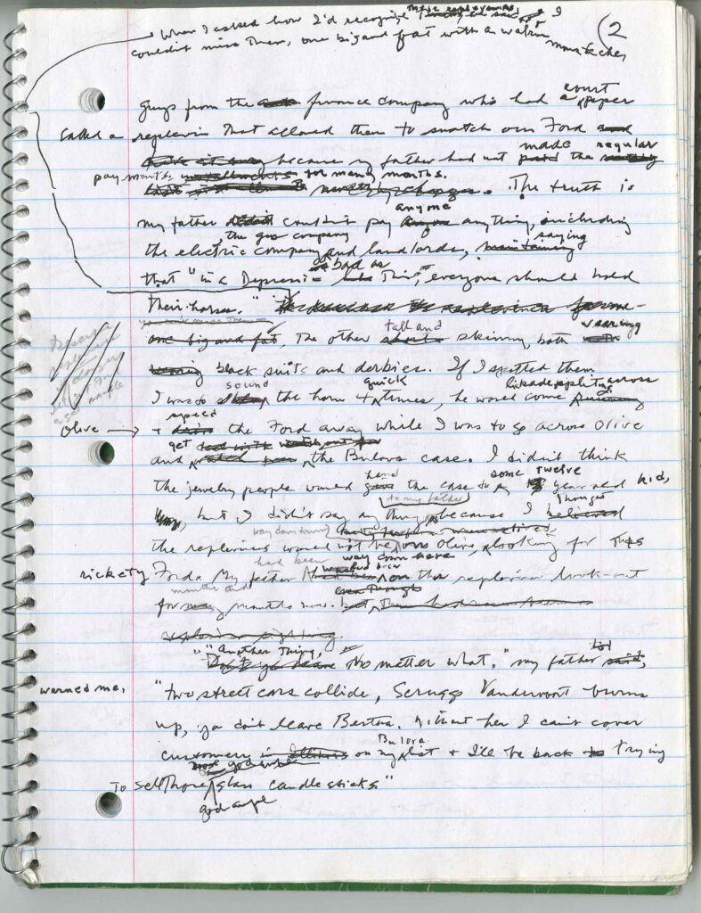 The manuscript is on a lined, spiral notebook and is written in cursive with many items crossed-out or annotated in margins. The top of the page is marked 2.