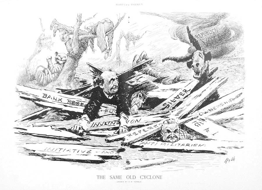 This cartoon depicts the aftermath of a tornado that can be seen moving away in the background. The tornado is labeled "Republican Vote" and the aftermath shows the 1908 Democratic contender, William Jennings Bryanin, alongside the Democratic donkey, grabbing on to his many, scattered campaign “planks” or key issues. Text at the bottom of the cartoon reads "The same old cyclone."