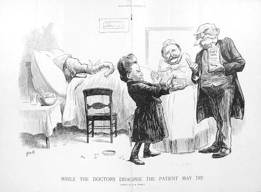 This comic depicts the Republican elephant in a hospital bed with Theodore Roosevelt dressed in a hoop skirt as a nurse standing between the "doctors" who symbolize the conflict between the conservative (here represented by Nelson Aldrich) and progressive (Robert La Follette) wings of the Republican Party. The text on the cartoon reads "While the doctors disagree, the patient may die."