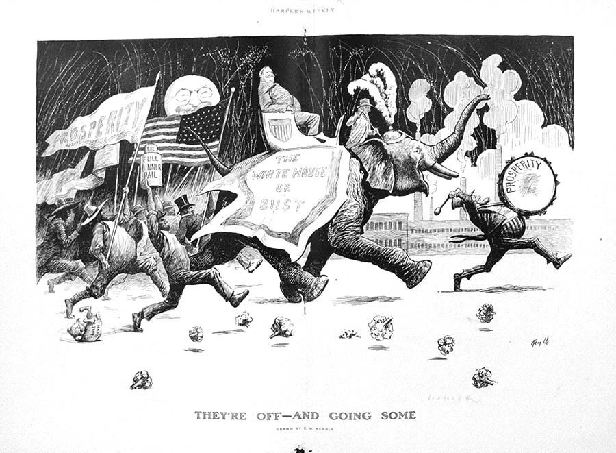 Cartoon by Kemble featured in the June 27, 1908, issue of Harper's Weekly. The image features the incoming Republican President William Howard Taft seated atop an elephant decked with a feathered cap, both in the midst of a parade of men waving the national flag for the United States of America and a flag reading "Prosperity," all lead by a caricature of Uncle Sam with a marching band bass drum (also marked with the word "Prosperity"). This procession is walking in front of what appears to be the smokestacks of a factory. Text on the cartoon reads "They're off - and going some." Overlooking this all is the moon, the face of which has been made into the likeness of a grinning Theodore Roosevelt. 