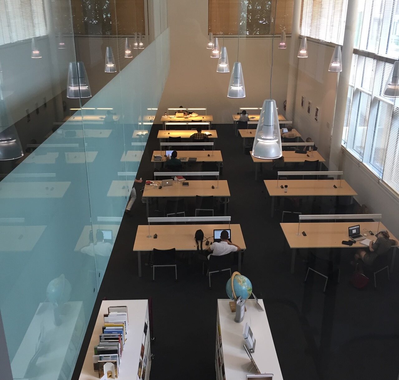 An interior photo of the Kranzberg Art & Architecture Library taken from the second floor.
