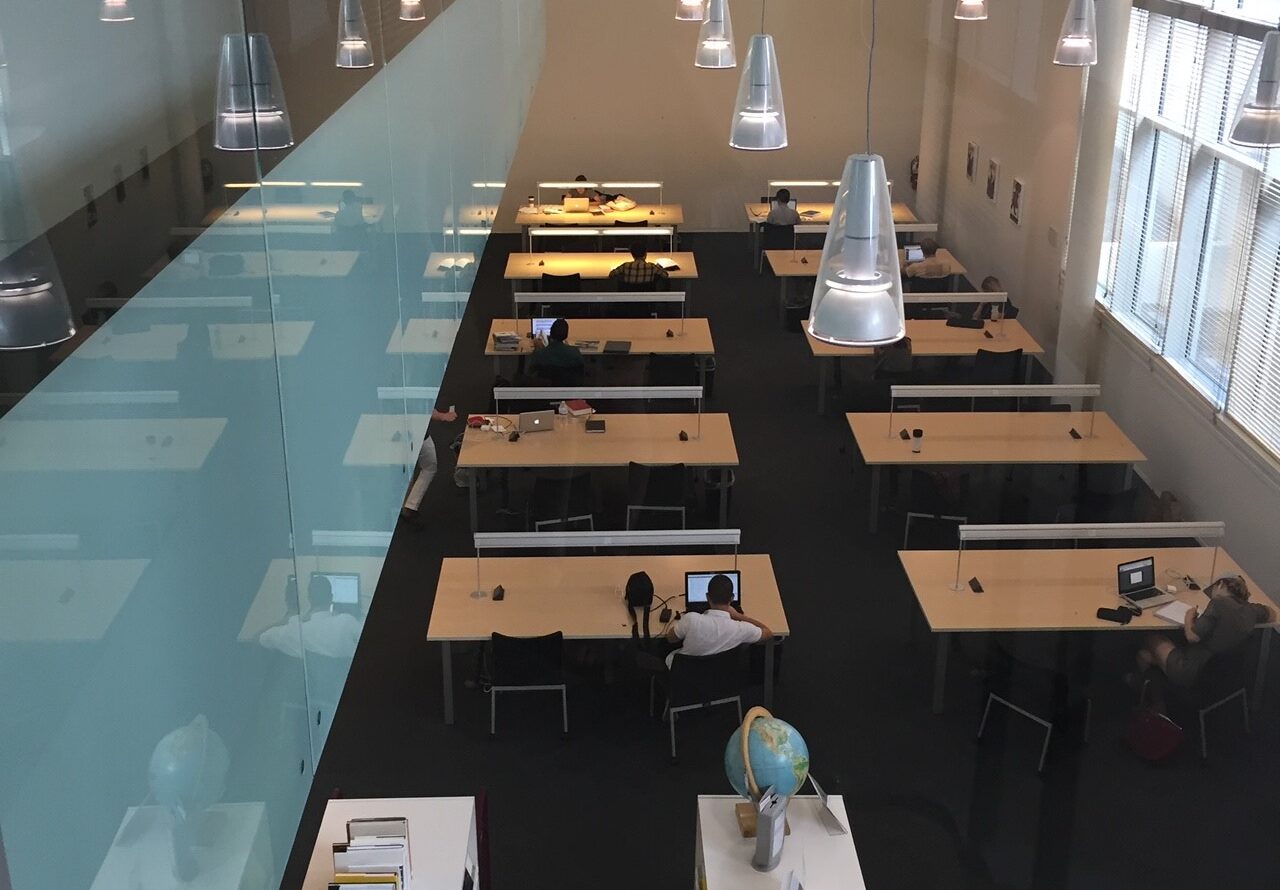 An interior photo of the Kranzberg Art & Architecture Library taken from the second floor.