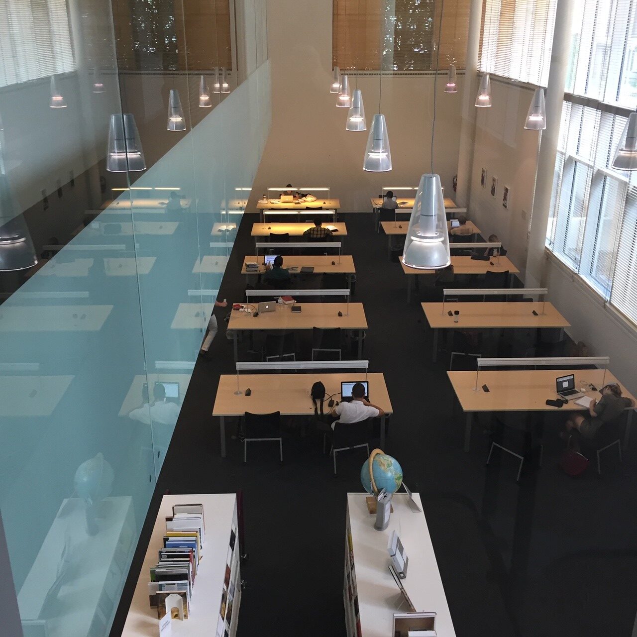 An interior photo of the Kranzberg Art & Architecture Library taken from the second floor.