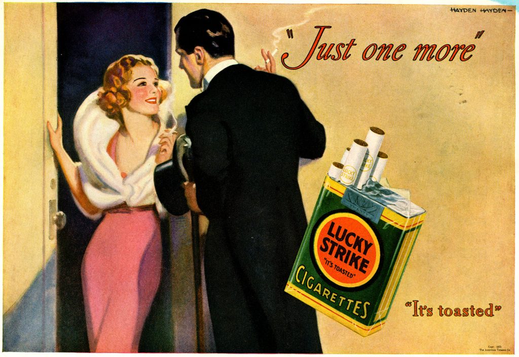 Full-color ad for Lucky Strike Cigarettes. Ad reads "Just one more" and features the brand's slogan, "It's toasted." 