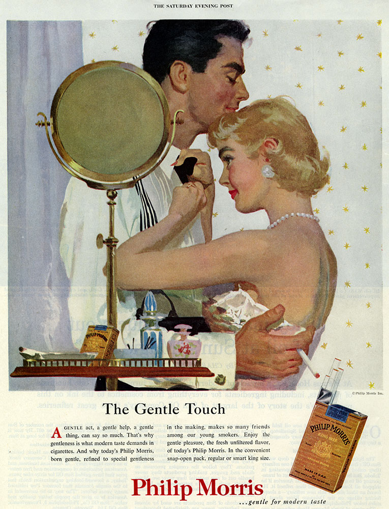 Full-page, full-color ad for Philip Morris cigarettes. Image is of a woman in pearls and fancy dress helping to tie the tie of a man holding a cigarette in his hand. The ad reads: The Gentle Touch. Philip Morris... gentle for modern taste. 