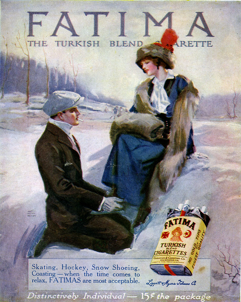 Full-page, full-color ad for FATIMA Turkish Blend Cigarettes. Ad reads "Skating, Hockey, Snow Shoeing, Coasting - when the time comes to relax, FATIMAS are most acceptable. 