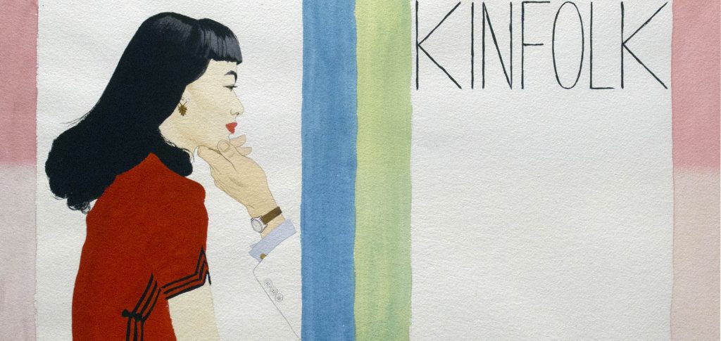 Man's hand under chin of Asian American woman on the left with the word "KINFOLK" written on the right.