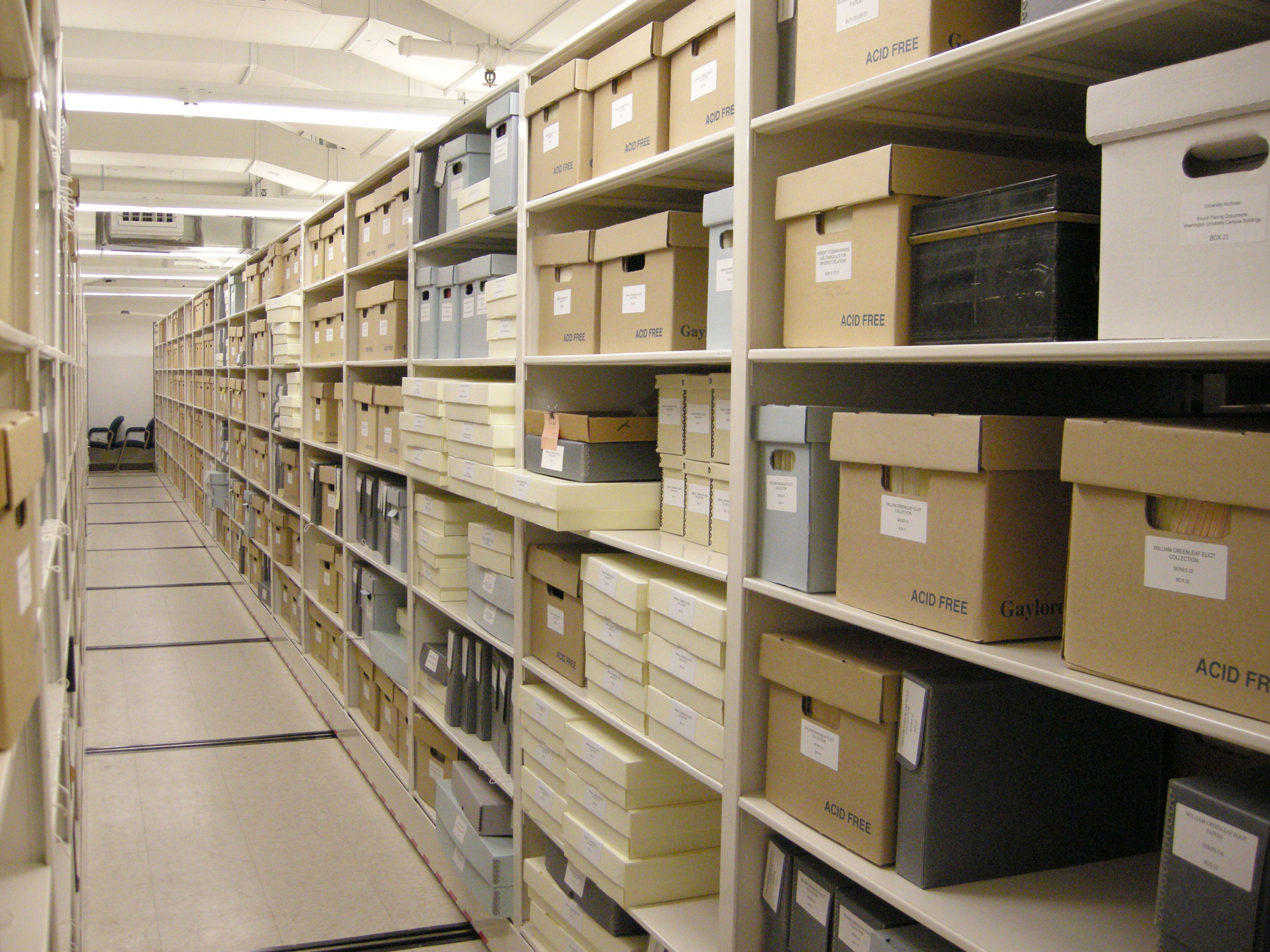 Rows of materials in boxes on the shelves of Special Collections.