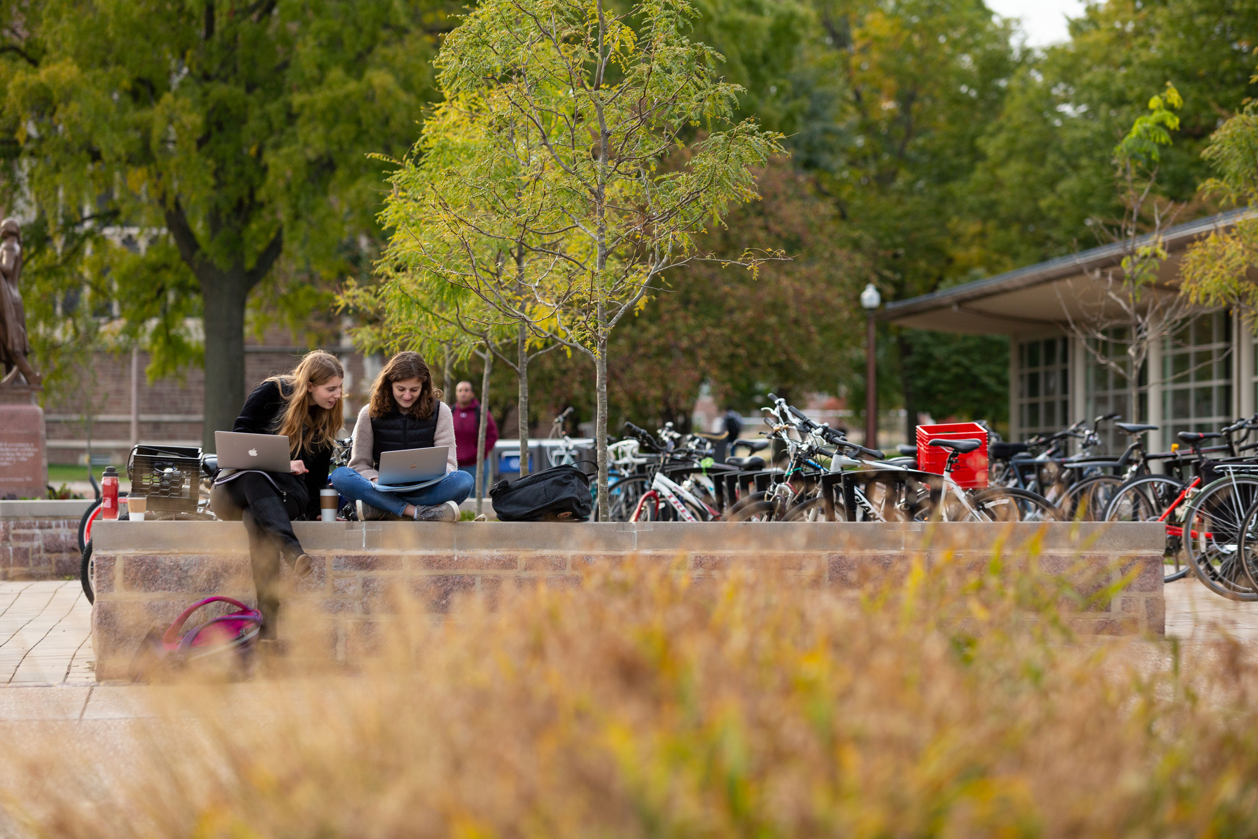 Students sitting outside Olin Library near the bike racks.