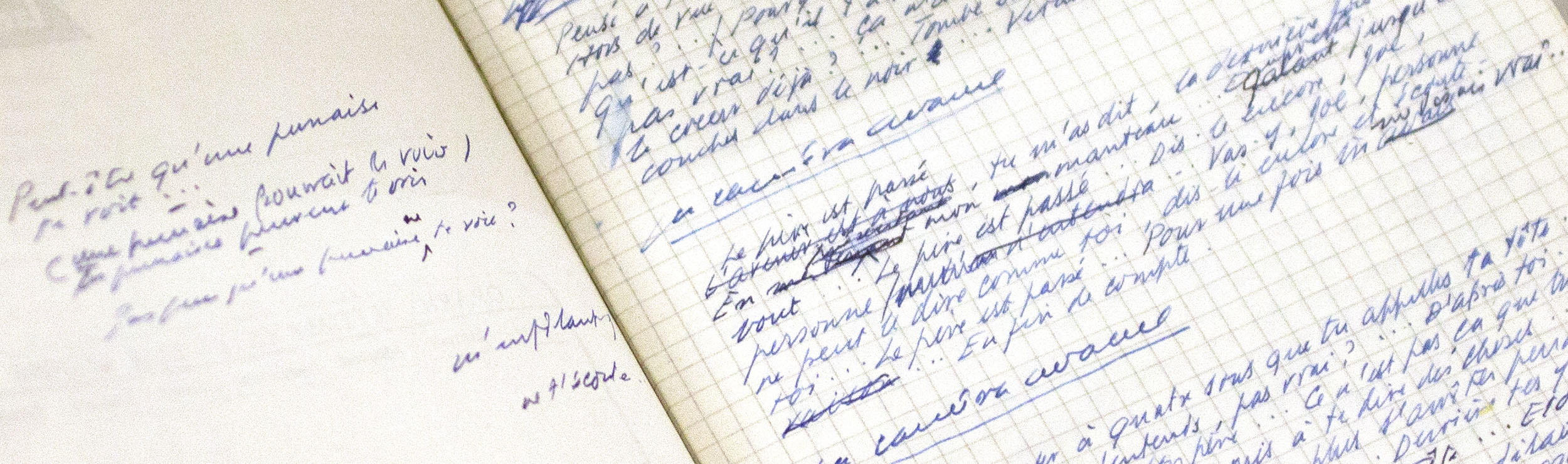 Hand written notes in blue pen on gridlined paper.